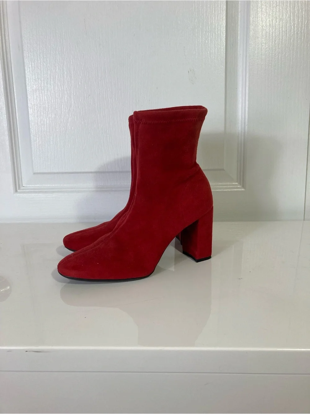 H&M Boots 39/US 9 Red Faux-Suede Ankle Stack Block-Heel